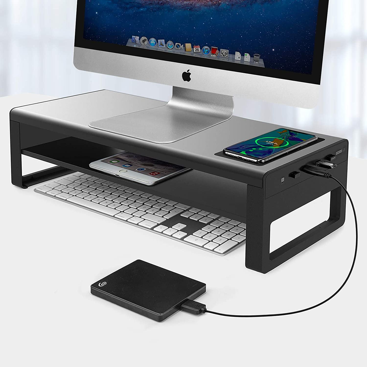 2 Tiers Aluminum Monitor Stand with Wireless Charging and 4 Ports USB 3