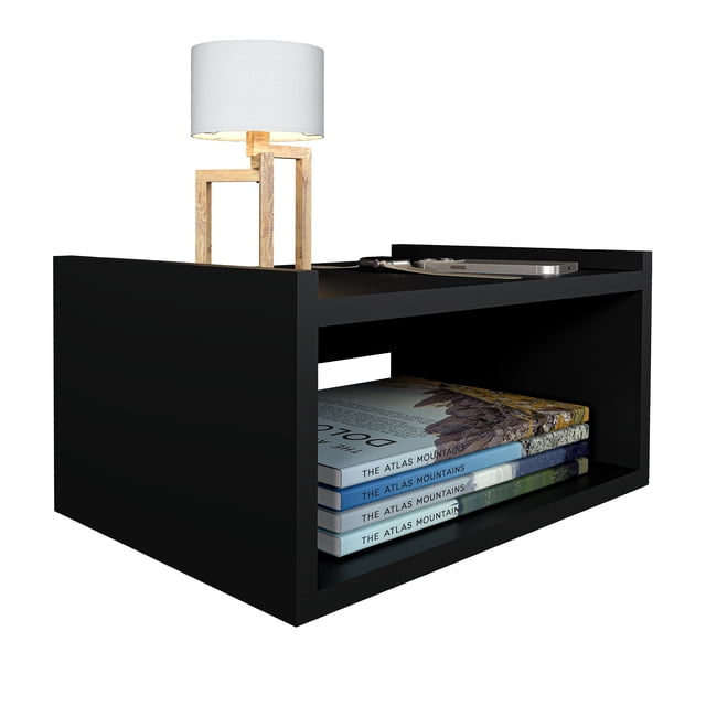 MORU Buró para Recámara Flotante Aire Negro, Mesa de Noche, Mueble para recámara, Mesa Auxiliar Minimalista, Mesa de Apoyo, Buró para Dormitorio y Sala