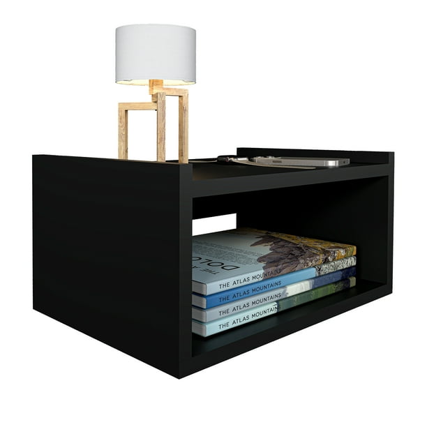 MORU Buró para Recámara Flotante Aire Negro, Mesa de Noche, Mueble para recámara, Mesa Auxiliar Minimalista, Mesa de Apoyo, Buró para Dormitorio y Sala