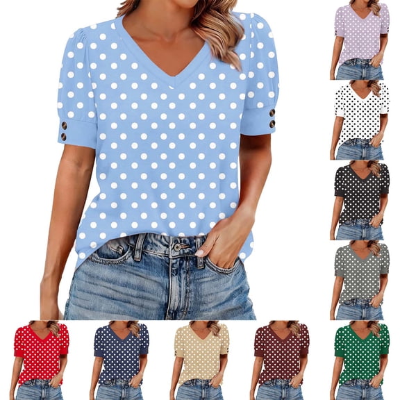 HomeDM Womens V Neck T-Shirts Short Sleeve Casual Summer Tops Polka Dot - Light Blue/L
