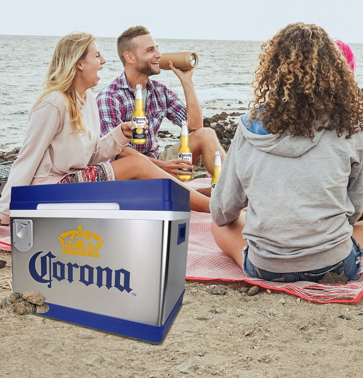 Corona Cruiser 12V Cooler, 24 Bottle Portable 45 L Fridge, Silver, Blue