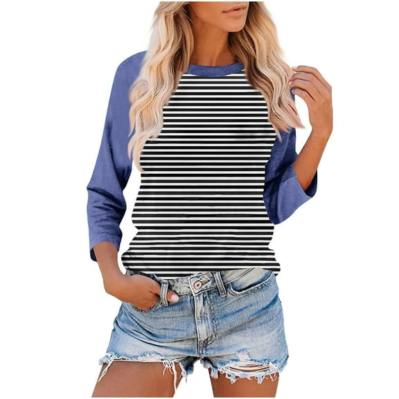 TKLPEHG 3/4 Length Sleeve Womens Tops Crew Neck Raglan Sleeve Three-quarter Sleeve Shirt Fashion Comfy Loose Fall Tops Striped Print Lightweight Casual Blouses Pullover (Multicolor,L)