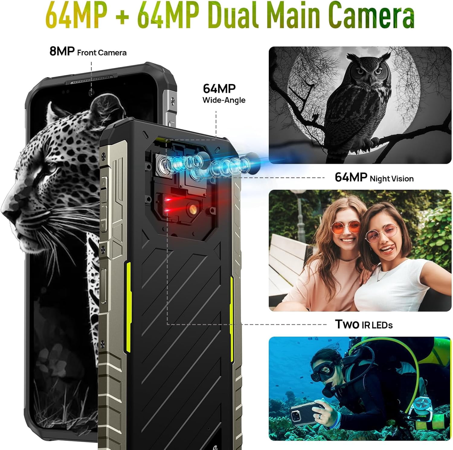 Ulefone Armor 22 Rugged Phone, IP68/IP69K, 64MP Wide-Angle & 64MP Night Vision Camera, 16GB 128GB MTK Helio G96, 6600mAh, 33W Fast Charging,Green,128GB