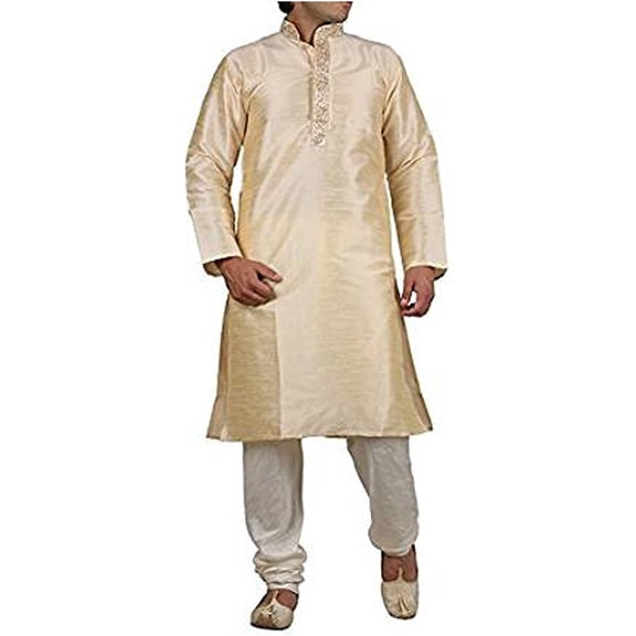 Royal Men's Silk Blend Kurta Pyjama Set (ROYAL_197_Gold_Large)
