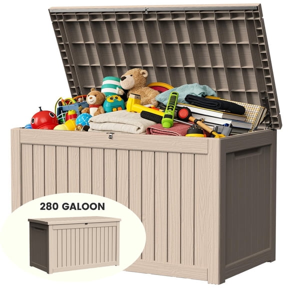 Decksplore Outdoor Storage Box, 280 Gallon Waterproof Deck Box, Heavy-Duty Pool Boxes Outdoor Storage Waterproof, Light Brown