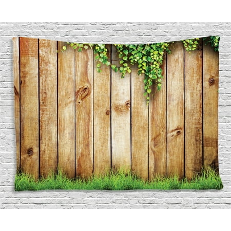 Rustic Home Decor Tapestry, Fresh Spring Grass and Leaf Plant over Old Wood Fence Garden Field Photo, Wall Hanging for Bedroom Living Room Dorm Decor, 60W X 40L Inches, Green Brown, by (Best Plants For Living Fence)