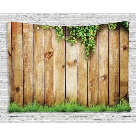 Garden Old Photo - Rustic Home Decor Tapestry, Fresh Spring Grass and Leaf Plant over Old Wood Fence Garden Field Photo, Wall Hanging for Bedroom Living Room Dorm Decor, 60W X 40L Inches, Green Brown, by Ambesonne