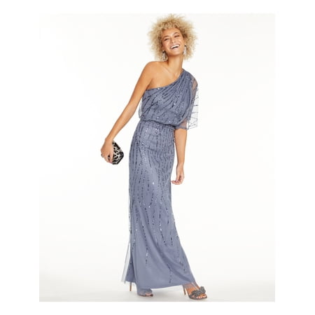 ADRIANNA PAPELL Womens Light Blue Sequined Asymmetrical Neckline Full-Length Evening Blouson Dress 8