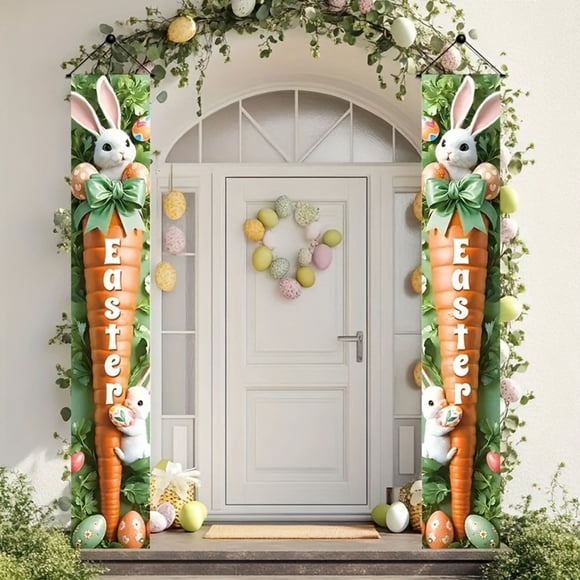 Linnome Easter Eggs and Carrots Themed Couplet Porch Sign Wall Decor Outdoor Patio Flag Multicolor 180x30cm