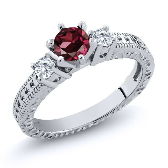 Gem Stone King 0.80 Ct Round Red Rhodolite Garnet E-F Lab Grown Diamond 925 Sterling Silver Ring (Size 6)