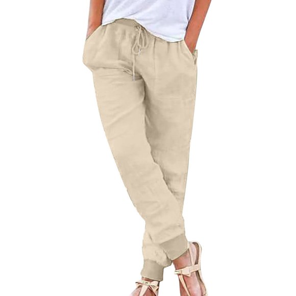 Women's Cotton Linen Jogger Cuff Pants Summer Trousers for Girls Solid Leisure Workout Sports Loose Elastic Waist Drawstring Comfy Beige XL