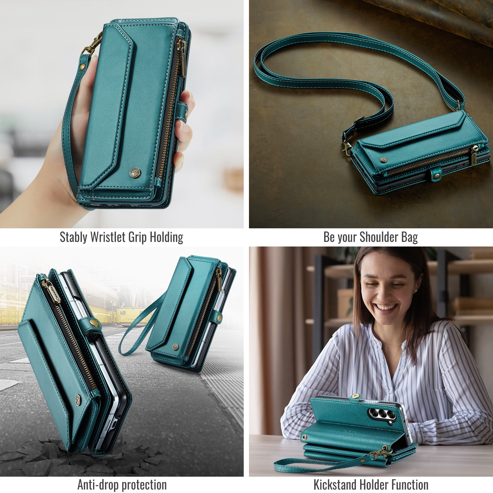Asuwish Compatible with Samsung Galaxy Z Fold 7 5G 2025 Zipper Wallet Phone Case With pen slot Crossbody Lanyard Strap Flip Card Holder Slot Cell Cover for ZFold7 Z7 G Fold7 7Z Women Girls Green