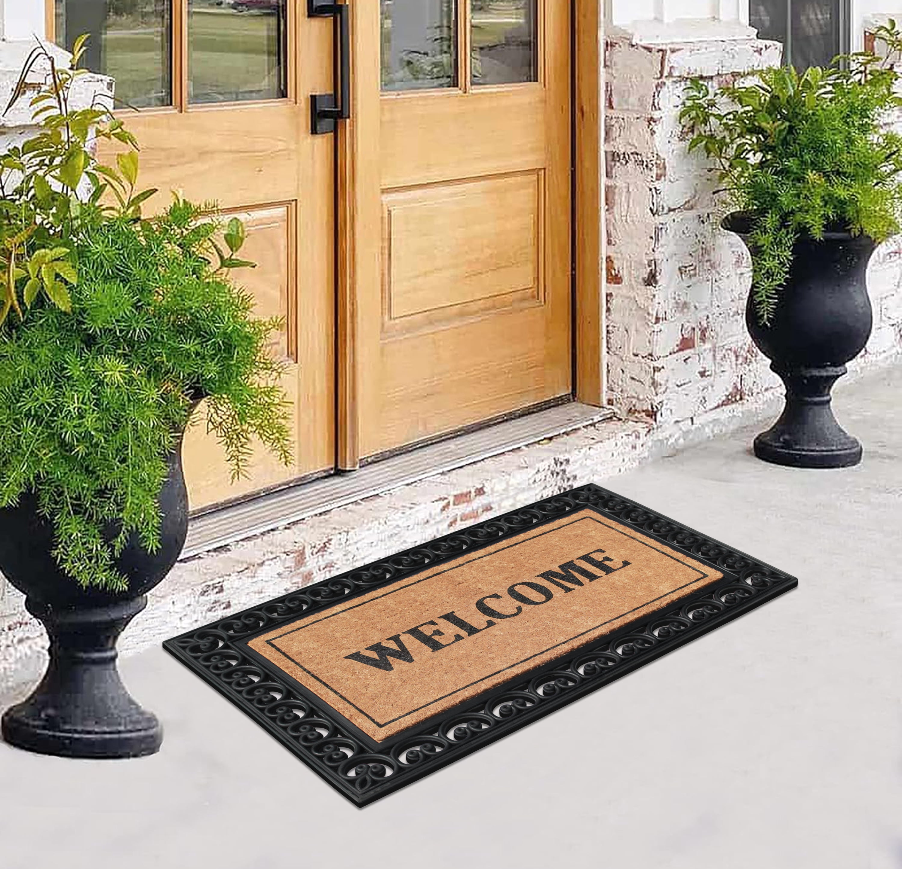 A1HC 30"x48" Outdoor Coir & Rubber Door Mat, Heavy-Duty, Durable, Fade-Resistant Front Porch Welcome Mat, Black Paisley Design