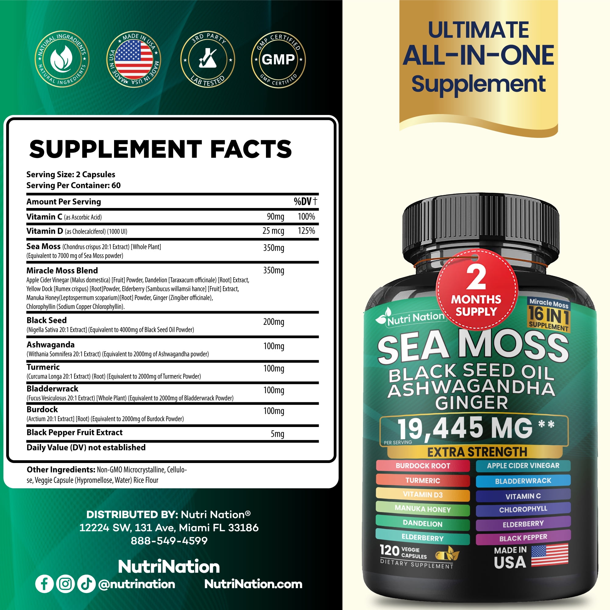 Nutri Nation Sea Moss with Ashwagandha 16 in 1, 120 Capsules 5 Bottles