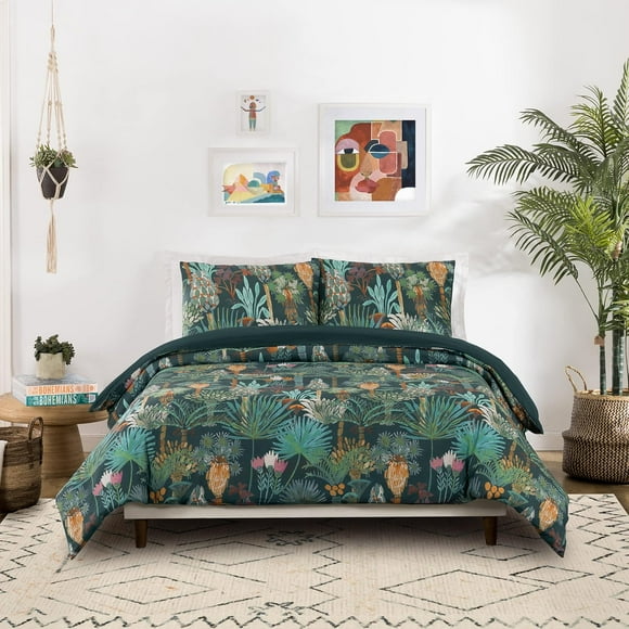 JUNGALOW Phoenix Cotton Duvet Cover Set, Reversible Green Duvet Cover Set,