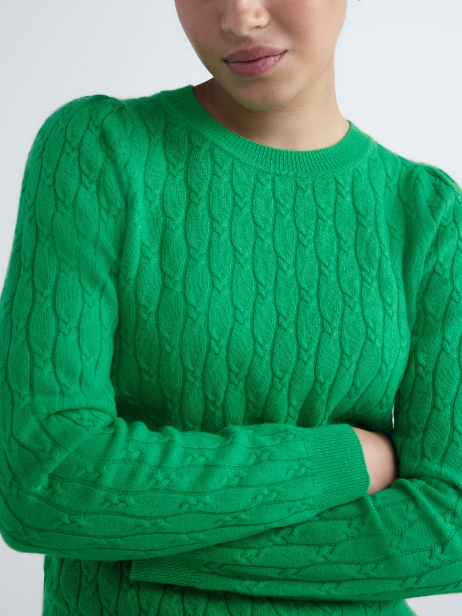 Free Assembly Women's and Women's Plus Cashmere Cable Knit Sweater with Puff Sleeves, Midweight, Sizes XS-4X