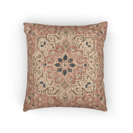Vintage Geometric Floral Medallion Muted Rose Beige and Teal Cotton-Polyester Woven Pillow