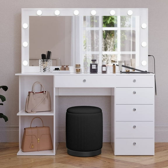 Boahaus Louise White Makeup Vanity Set with Lights, Glass Top, 6 Drawers, Stool, USB Charger