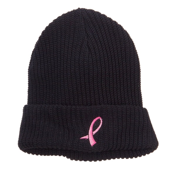 Breast Cancer Embroidered Big Size Waffle Beanie - Black XL-3XL