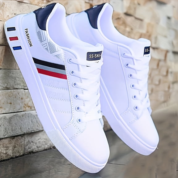 Men's & PVC Sole for Gym, Hiking, Commuting & Women's Lightweight Breathable Low-Top Sneakers - White Casual Sneakers with Color-Block Design, PU Upper