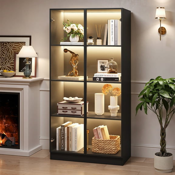 Glass Display Cabinet with LED Lights, Display Case Bookcase with 4-Tier Shelves, Curio Cabinet with 2 Glass Doors, Storage Cabinet for Collectibles, Living Room