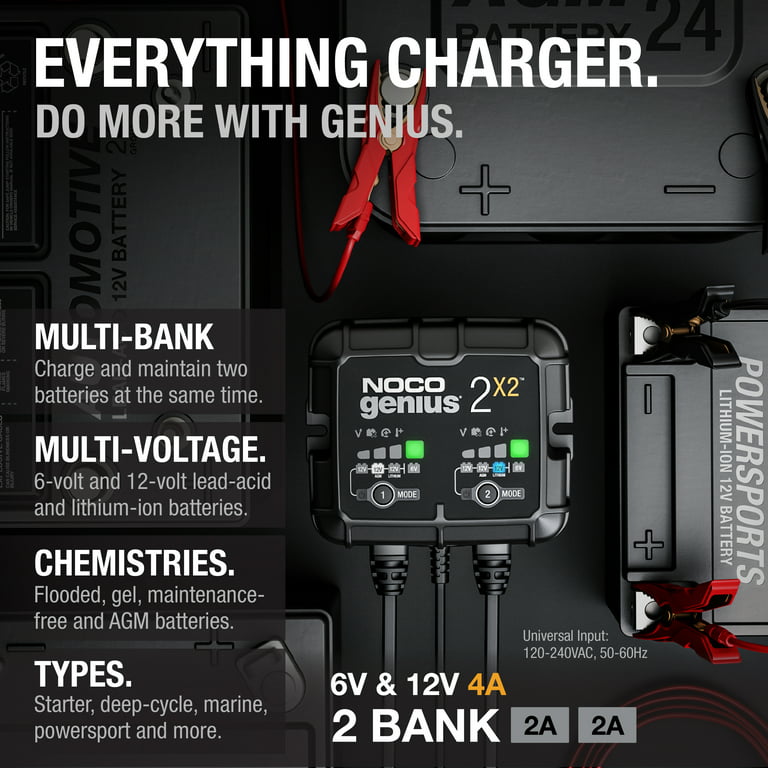 NOCO GENIUS2X2 2-Bank 4A (2A/Bank) 6V/12V Smart Battery Charger and  Maintainer 