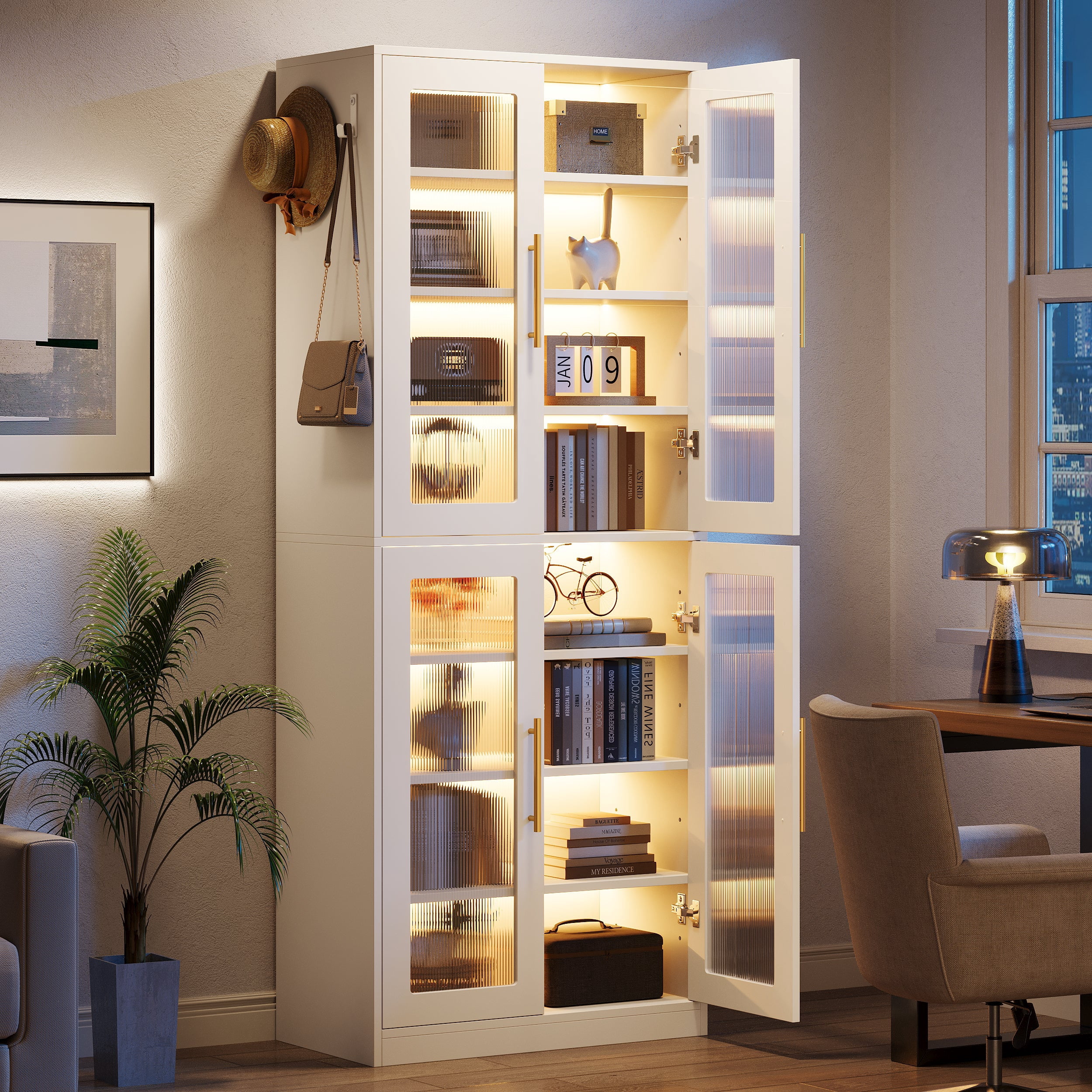 Fnova 66.93" Bookcase with Doors, 8 Tier Storage Cabinet with LED Lights for Living Room, Bedroom, Study, White