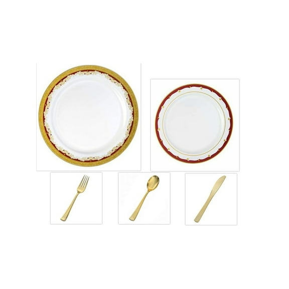 Vintage Collection White w/ Gold & Burgundy Border China-Like Plastic 10.25" Dinner Plates   7" Salad Plates   Cutlery *Party for 120*