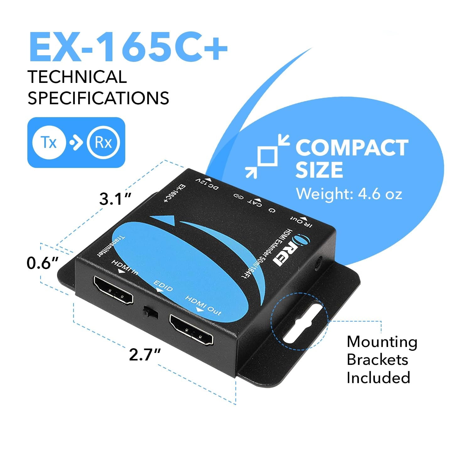 OREI HDMI Extender Over CAT6/7 Cables Upto 165 Ft With IR Control 1080p (EX-165C+)