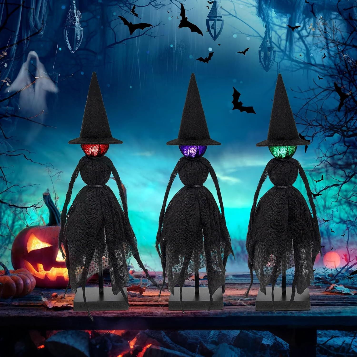 Set of 3 Light Up Witch Table Decorations with Red Green Purple LED Glow