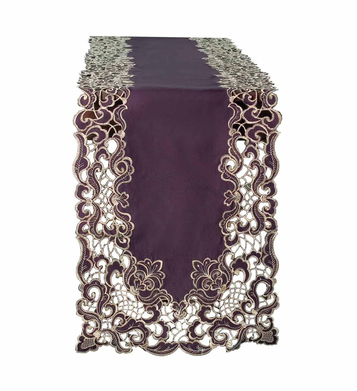 Gold Lace Plum Table Runner - Dresser Scarf European Embroidery - Perfect for Kitchen Dining Room Home Decor Wedding Receptions - 14 x 108 inches - The Granada Collection