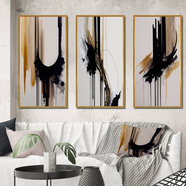 Designart "Minimalism in Gold I" Abstract Framed Wall Art Set Of 3 - Black Modern Frame Canvas Set For Living Room Decor