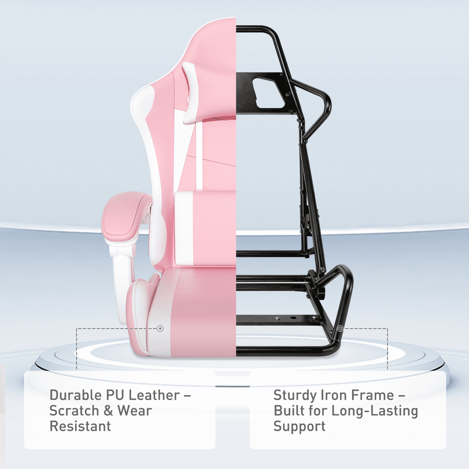 MoNiBloom Ergonomic Gaming Chair with Footrest, Adjustable Headrest and Lumbar Support for Office and Gaming, High-Back Racing Style Computer Desk Chair, Pink (Wide Seat)