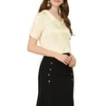 thumbnail image 4 of Unique Bargains Women's Point Neck Button Decor Short Sleeve Satin Blouse Beige L, 4 of 6