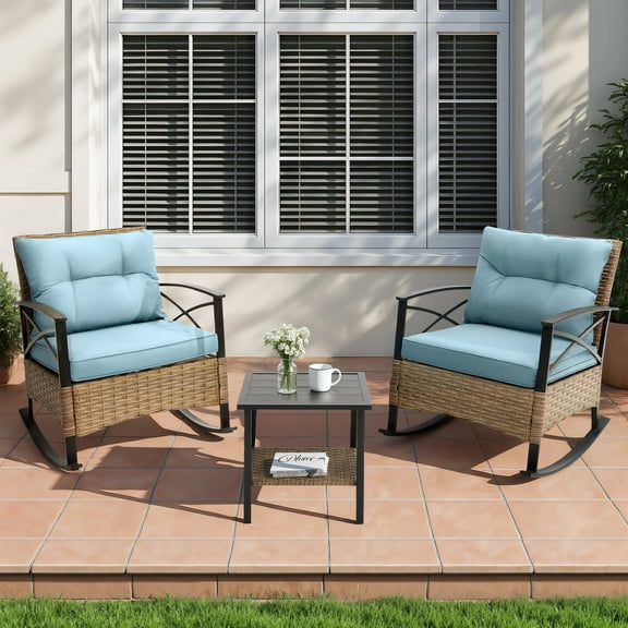 3 PCS Rocking Bistro Set, Outdoor Patio Porch Furniture Sectional Chairs with Tea Table, PE Rattan Patio Furniture Conversation Set for Lawn Pool Courtyard Garden Balcony