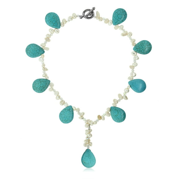 Gem Stone King 18 inches Drop Simulated Turquoise Howlite and Cultured Freshwater Pearl Necklace for Women with Toggle Clasp