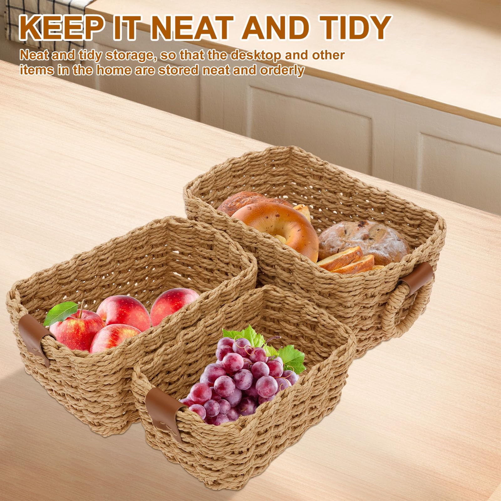 Asunby Small Wicker Baskets for Organizing, Recycled Paper Rope Storage Basket Container Bins for Shelves Bathroom Cupboards Drawer, Decorative Square Basket Organizer Set of 3