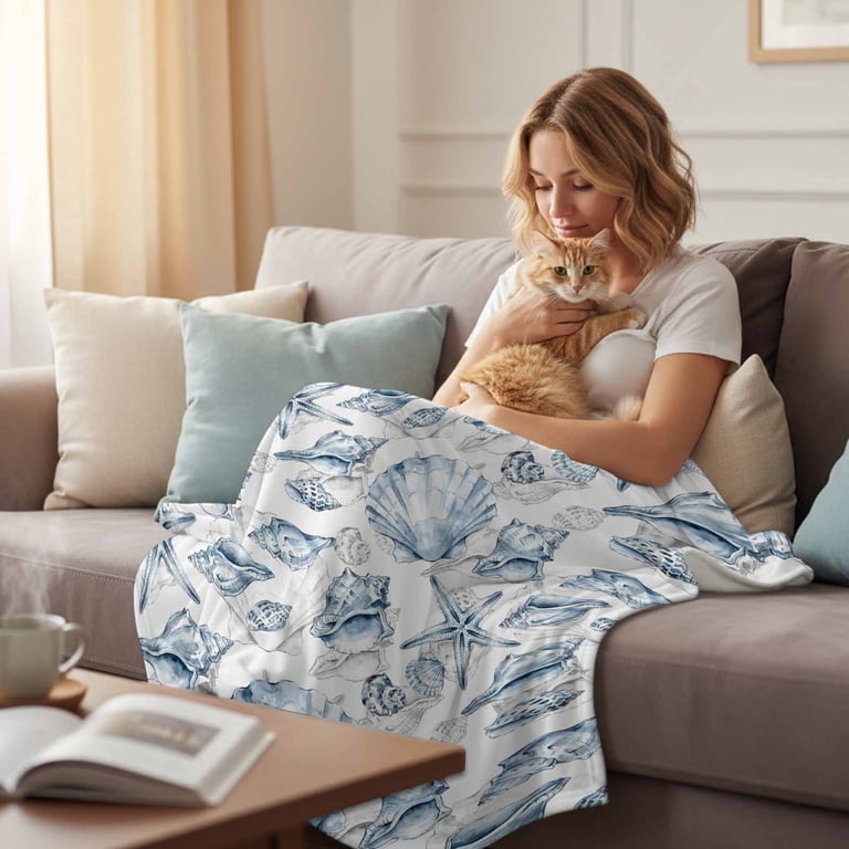 Coastal Seashell Fleece Throw Blanket Lightweight Summer Nautical