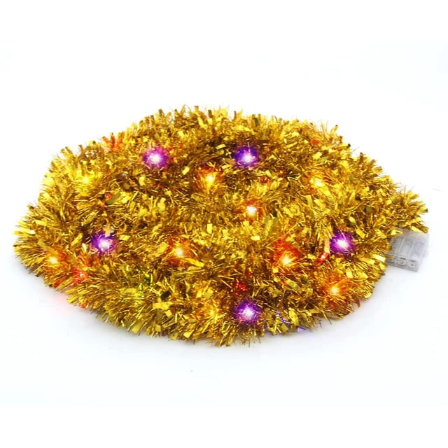 CPDD Christmas Prelit Tinsel Garland, 33 Ft Golden Garland Hanging Garland with 100 Multicolored Battery Operated LED String Lights for Christmas Tree Decoration Party Supplies Golden