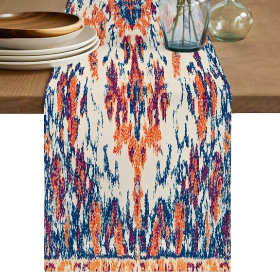 Orange Blue Ethnic Short Table Runner 36 Inches Long, Boho Geometric Art Vintage Cotton Linen Table Runners Dresser Scarves, Fabric Tabletop Scarf Furniture Cover for Home Dinner Party Decor 13"x36"