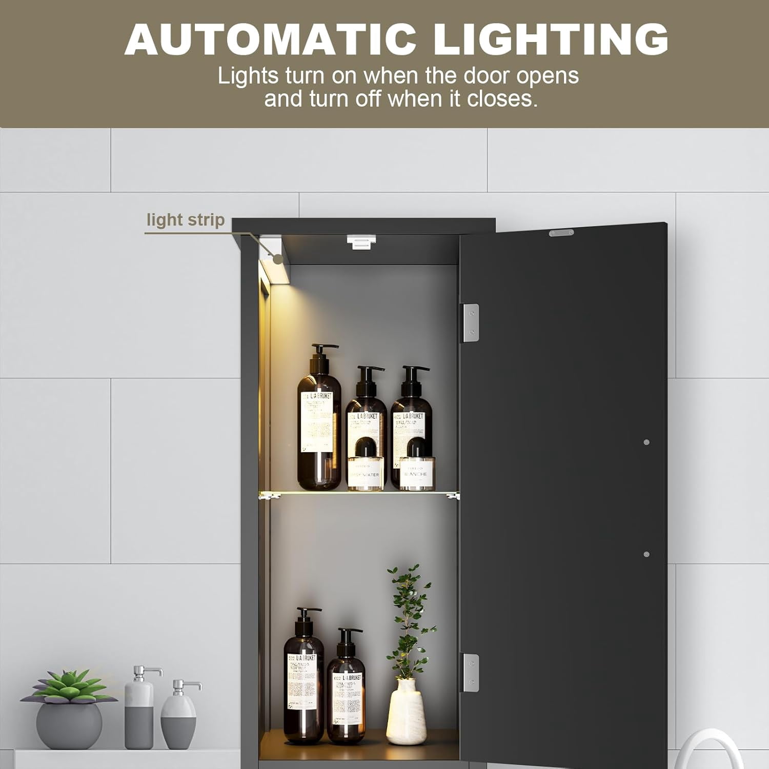 67" Tall Bathroom Storage Cabinet with Lights, Slim Narrow Bathroom Cabinet Organizer with Doors and Adjustable Shelves, Tall Cabinet for Small Space, Living Room, Kitchen, Black