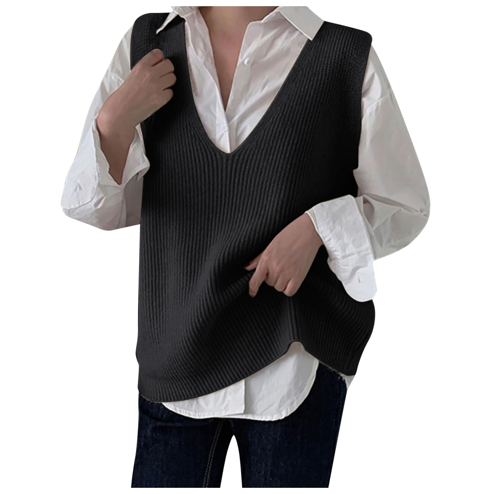 Draped Sweater Vest Women Casual Sleeveless V Neck Ribbed Knit Split Pullover Sweater Vest