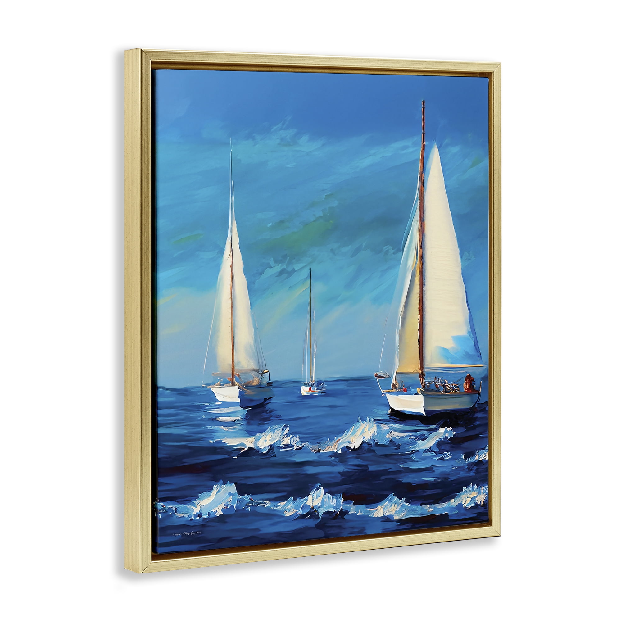 Stupell Industries Sailors on Ebbing Tide Nautical & Beach Painting Gold Floater Framed Canvas Art Print Wall Art, 17 x 21