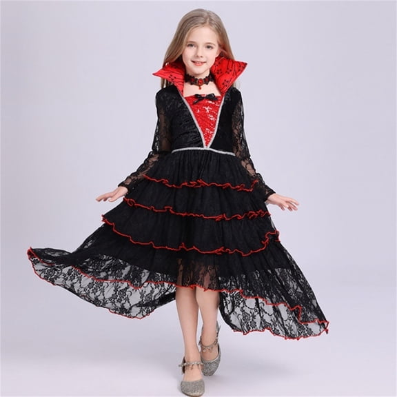 Riecok Halloween Dress for Kids Girl Long Sleeve Sequin Ruffle A Line Princess Dresses Birthday Party Kid Patchwork Tulle Skirt Formal Gown Dresses Black 8 Years
