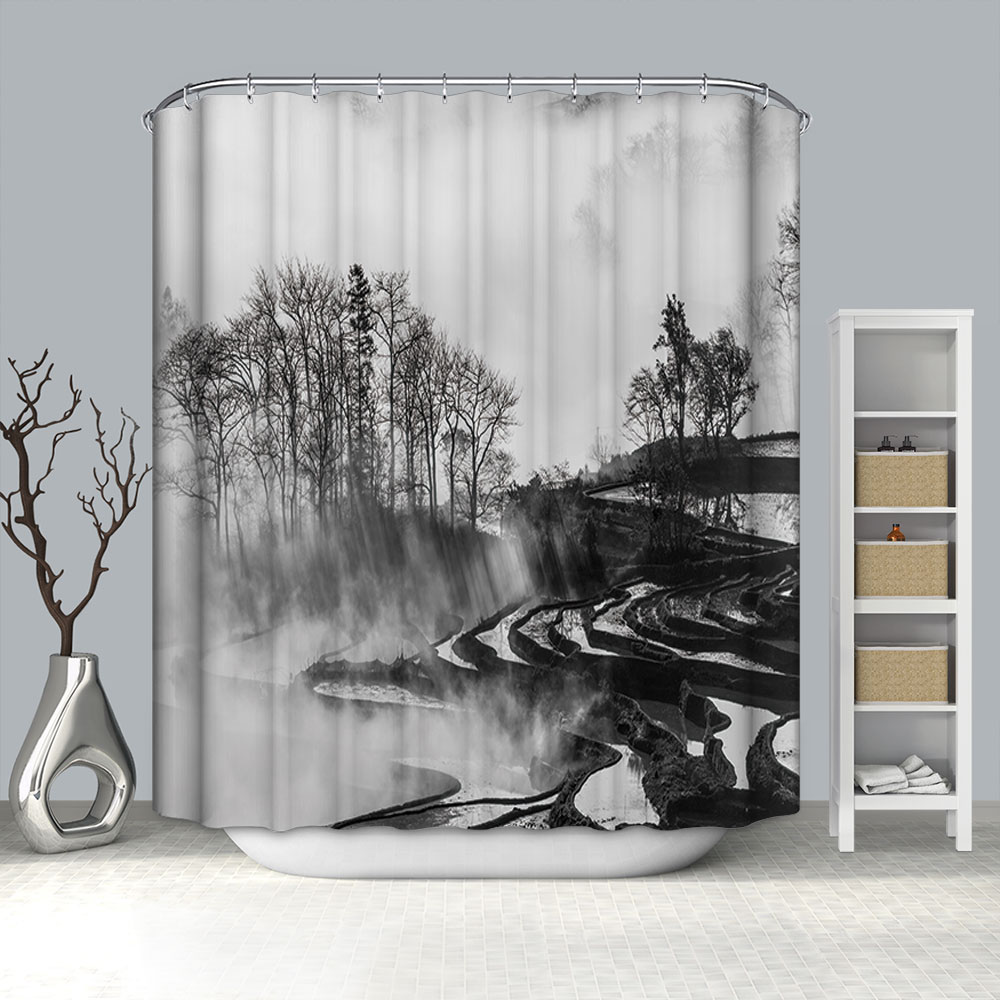 Tree Shower Curtain Set Rural Wind Black and White Style Mist