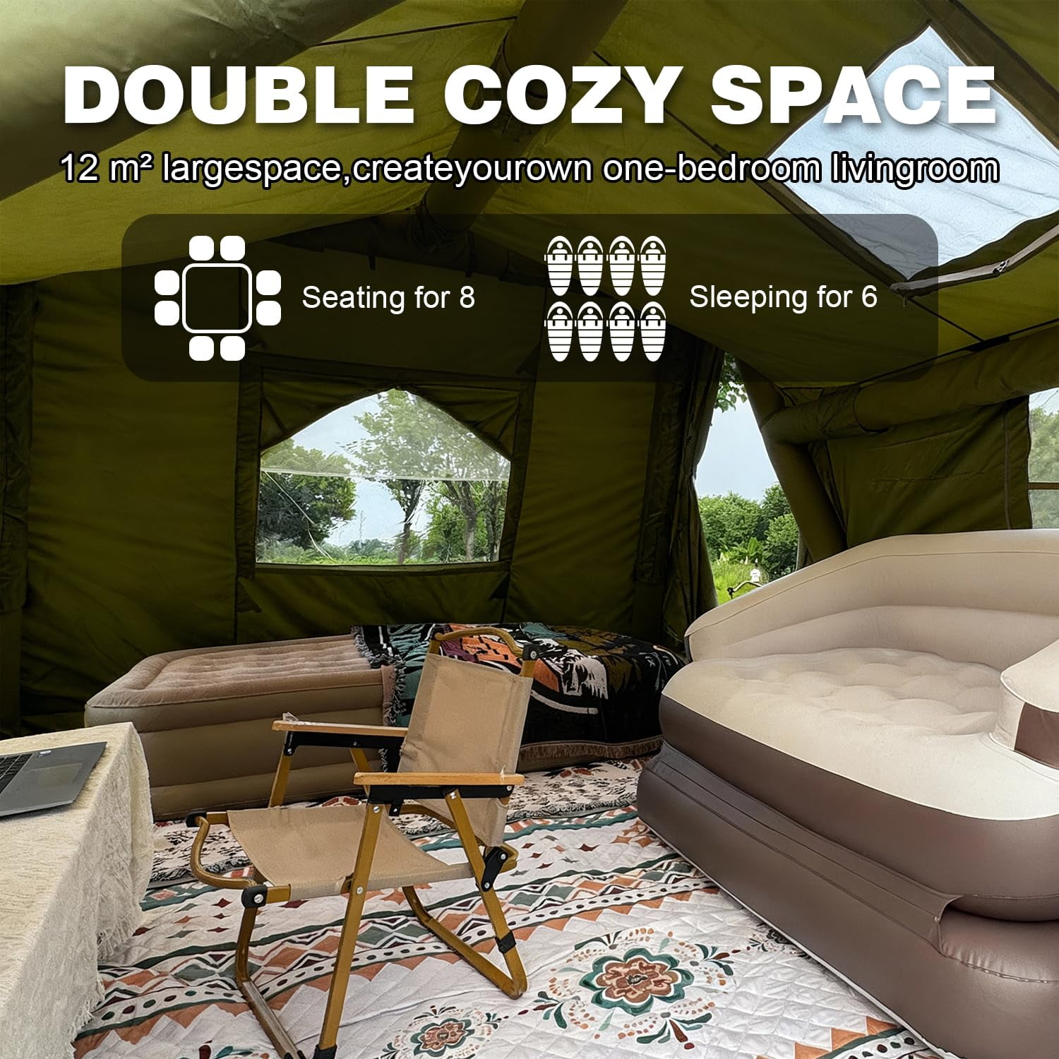 Large Inflatable Tent for 8-10 Person - 135 SQFT Inflatable Cabin Tents for Camping Instant Setup Blow up Tent 4 Season Waterproof Inflatable Tents with Stove Jack