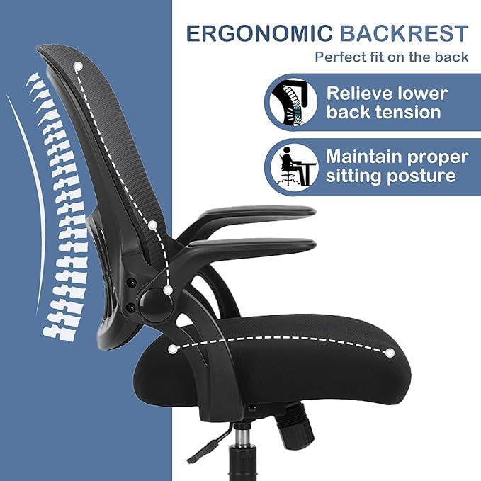 Ergonomic High-Back Mesh Office Chair - Breathable Waist and Back Support Computer Chair with Adjustable Armrests, Height Adjustment, and 360° Swivel Base(Black)