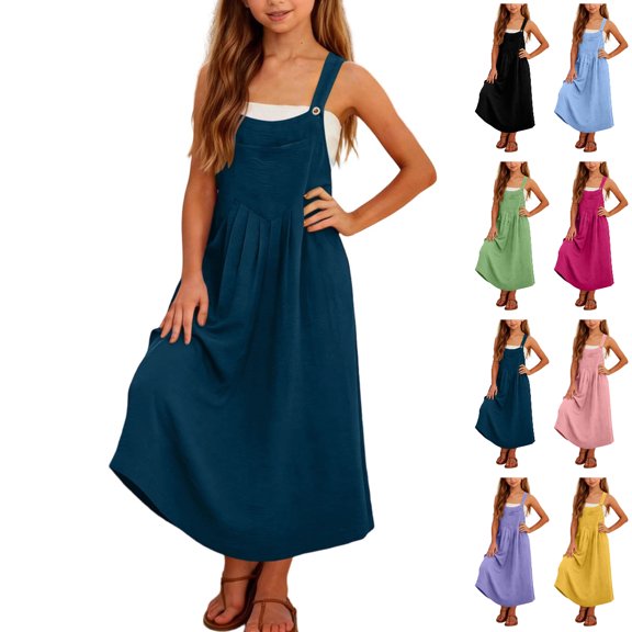 Bmisegm Toddler Girl Dresses Summer Casual Solid Color Sleeveless with Pockets Adjustable Straps Loose Overall Dress