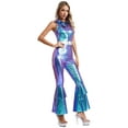 thumbnail image 2 of Sxiwei Women Shiny Metallic 70s Disco Hippy Dance Costume Jumpsuit Sleeveless Flared Bell Bottoms Blue M, 2 of 6