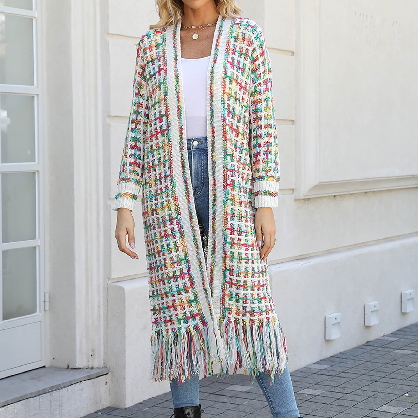 Cardigans Sweaters for Women Long Sleeve Open Front Tassels Oversized Knitted Coats Knee Length Checkered Color Block Soft Outerwear Sweater